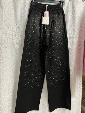 DAVI & DANI Black Wide-Leg Joggers with Crystal Embellishment